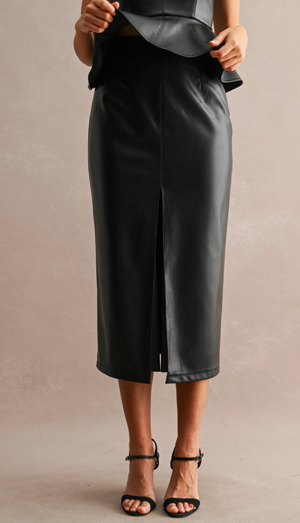 Wow Factor Faux Leather Midi Skirt- Black