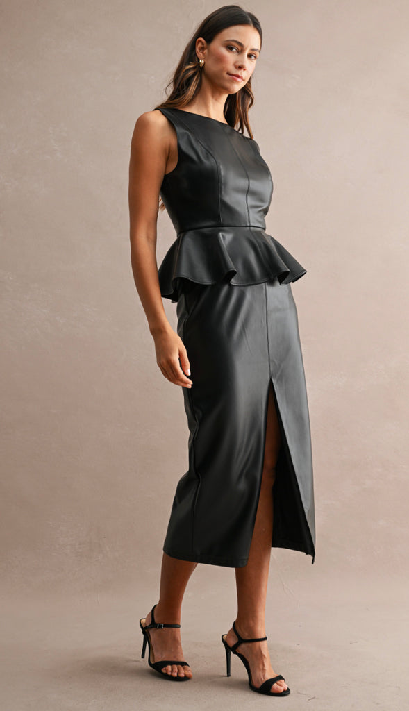 Wow Factor Faux Leather Sleeveless Peplum Top- Black