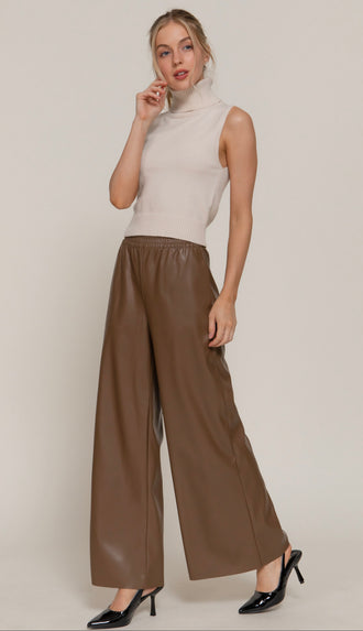 Phoenix Straight Faux Leather Long Pants- Mocha