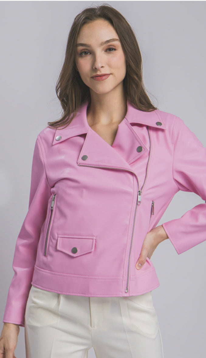 Leather Moto Jacket- Pink