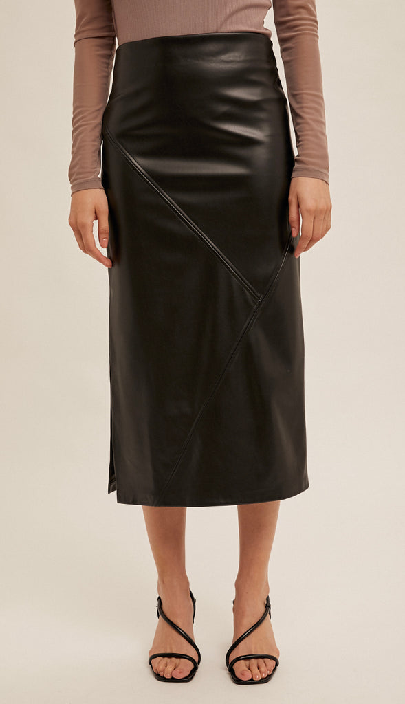 Faux Leather Midi Skirt- Brown