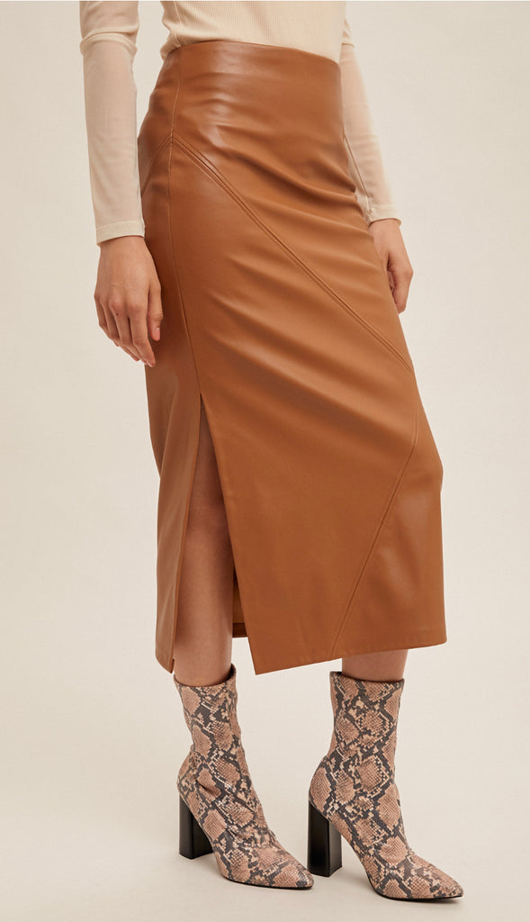 Faux Leather Midi Skirt- Brown