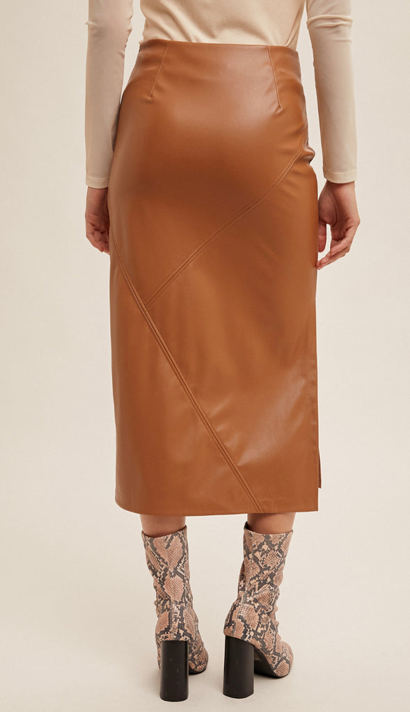 Faux Leather Midi Skirt- Black