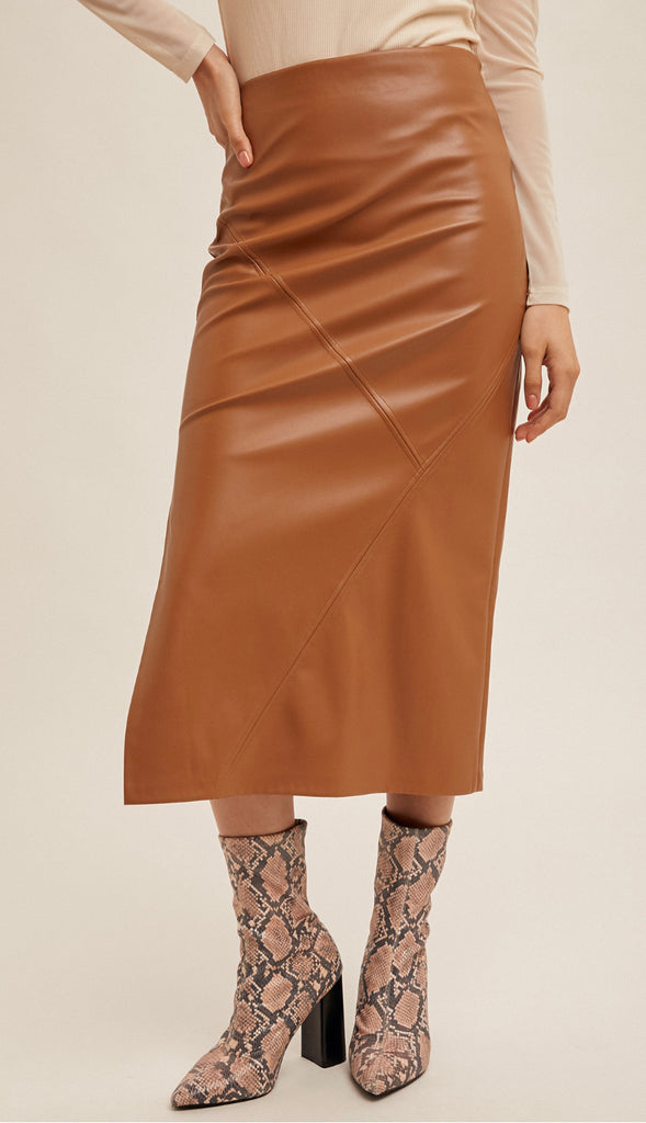 Faux Leather Midi Skirt- Black