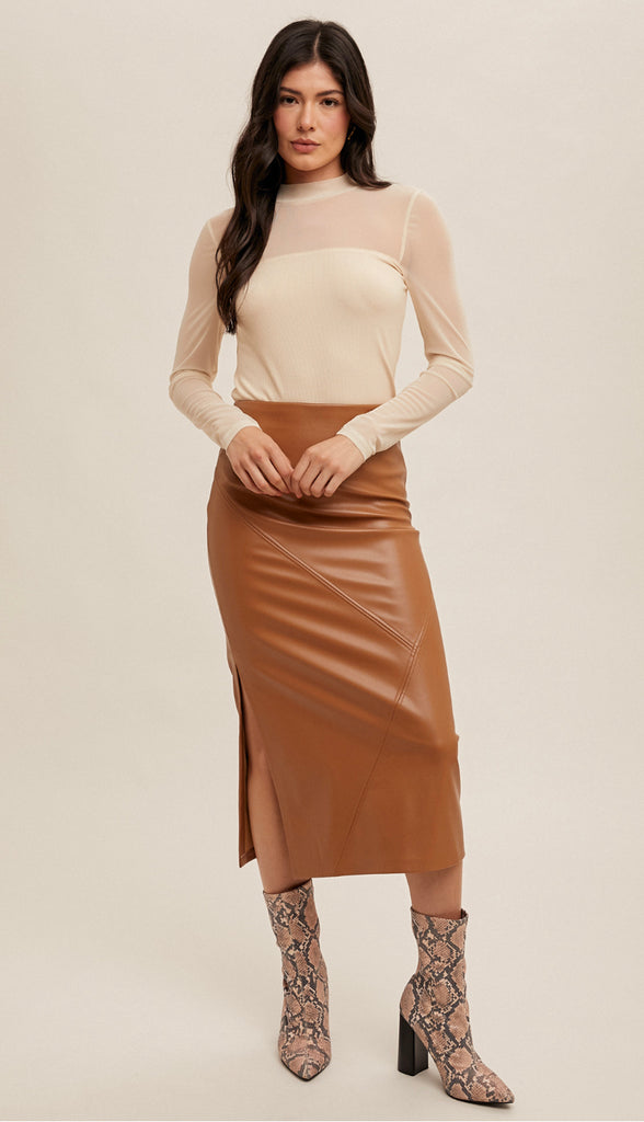 Faux Leather Midi Skirt- Black