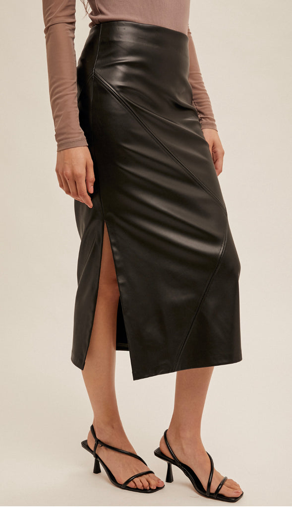 Faux Leather Midi Skirt- Brown