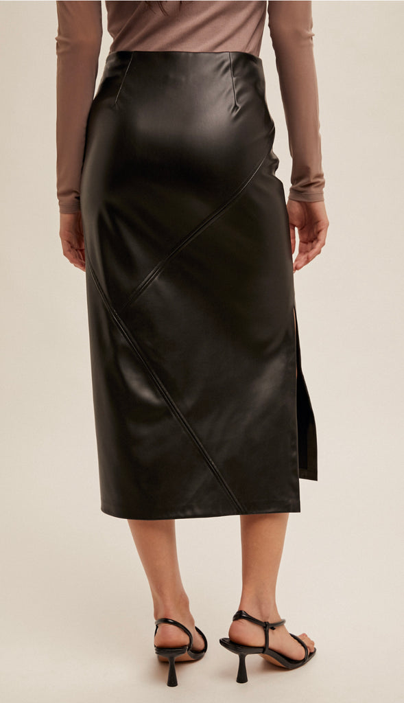 Faux Leather Midi Skirt- Black