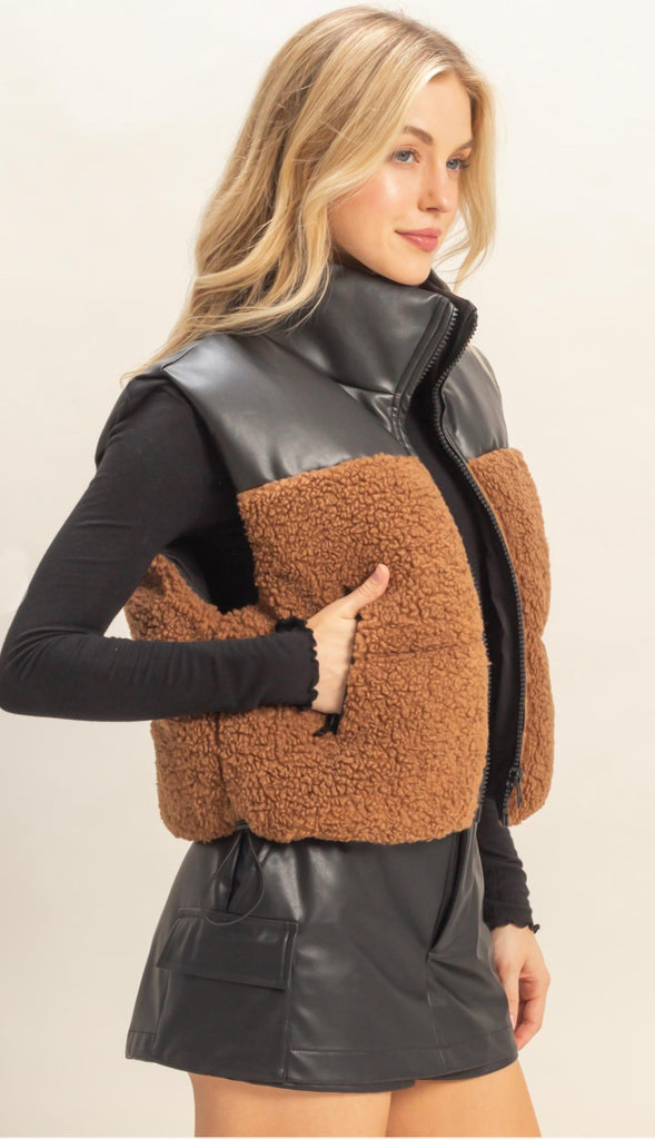 Harlow Sherpa Leather Puffer Vest- Toast