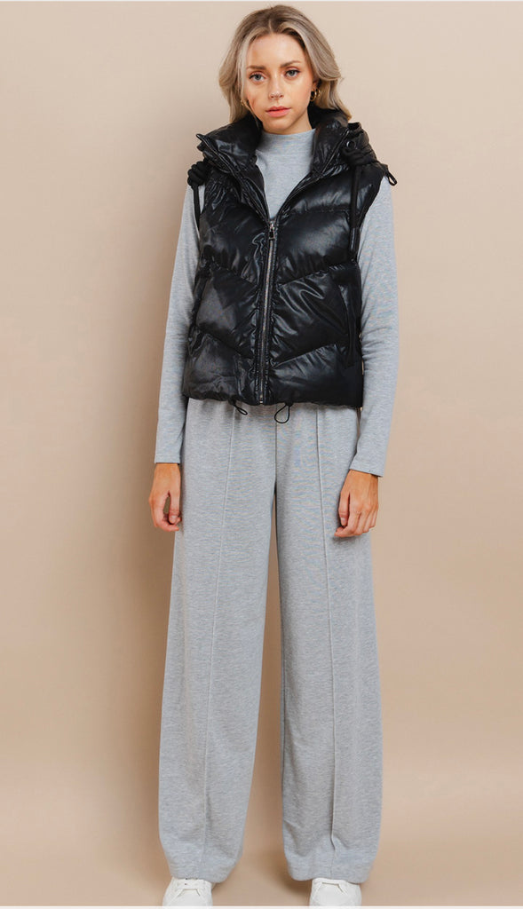 Lexi Faux Leather Puffer Vest- Black