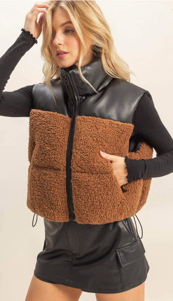 Harlow Sherpa Leather Puffer Vest- Toast