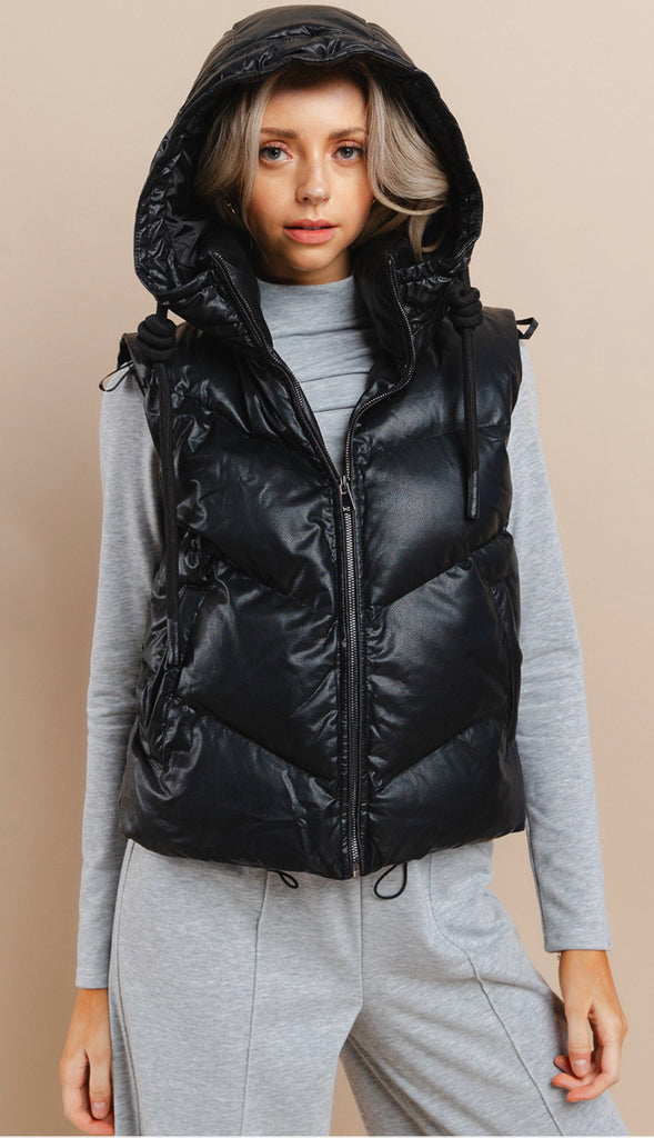Lexi Faux Leather Puffer Vest- Black