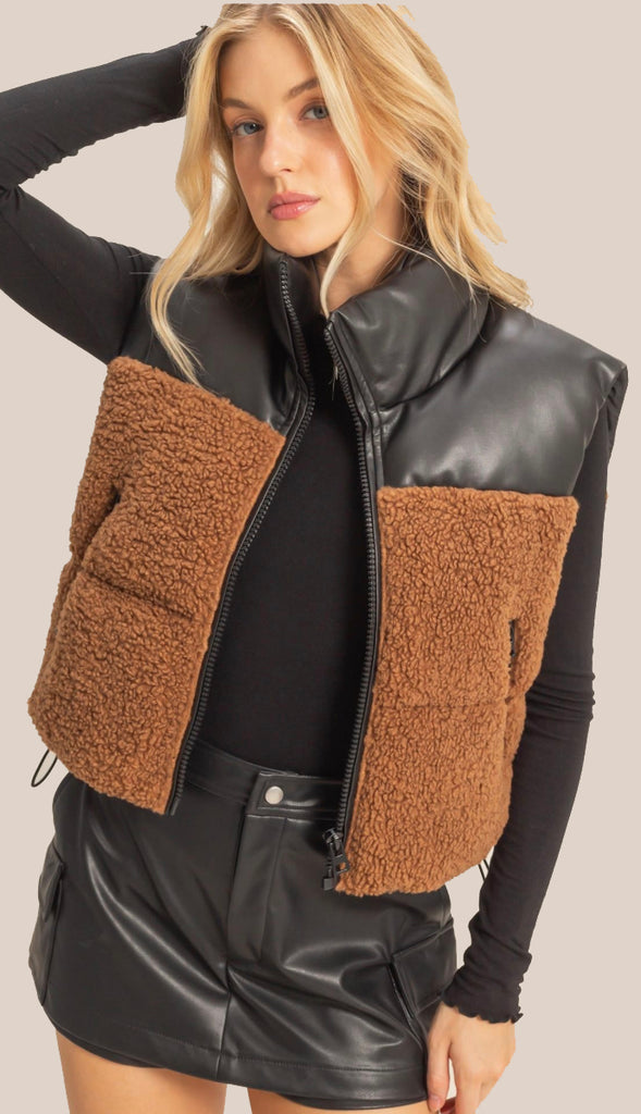 Harlow Sherpa Leather Puffer Vest- Toast