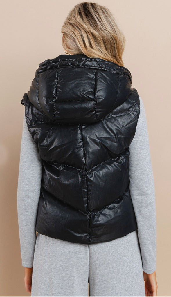 Lexi Faux Leather Puffer Vest- Black