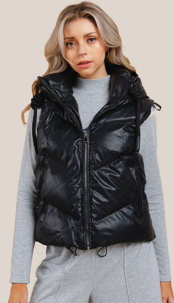 Lexi Faux Leather Puffer Vest- Black