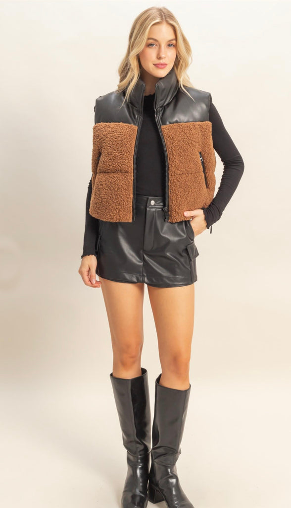 Harlow Sherpa Leather Puffer Vest- Toast
