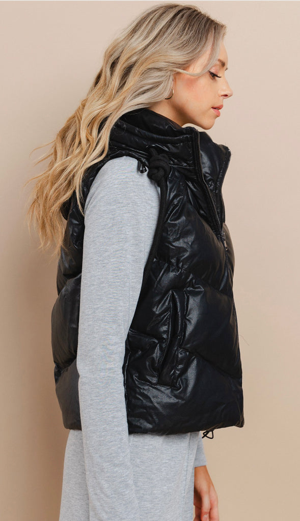 Lexi Faux Leather Puffer Vest- Black
