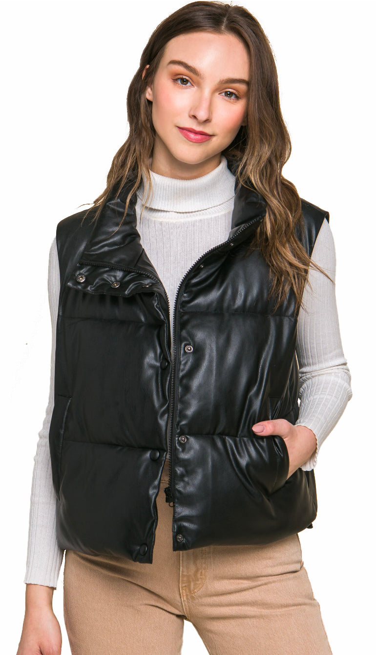 Kinzie Cropped Leather Vest- Black