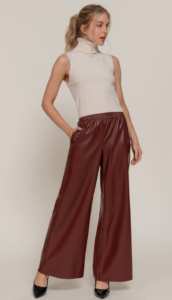 Phoenix Straight Faux Leather Long Pants- Mocha