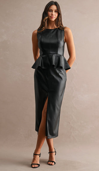 Wow Factor Faux Leather Sleeveless Peplum Top- Black