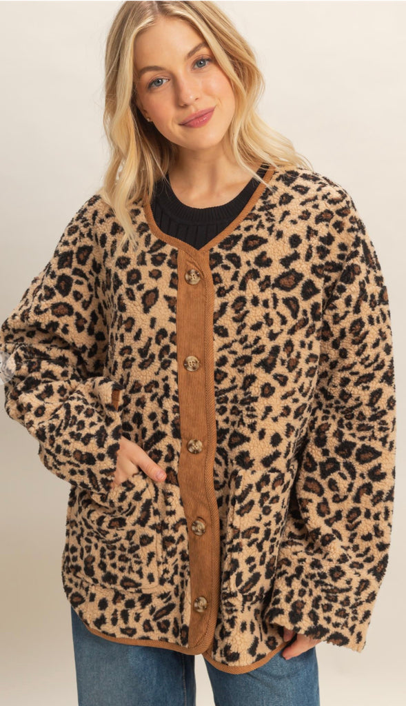 Hear Me Roar Leopard Sherpa Jacket- Taupe Combo