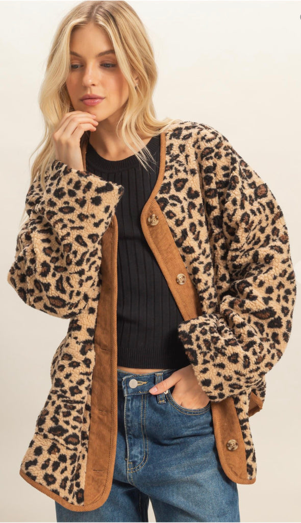 Hear Me Roar Leopard Sherpa Jacket- Taupe Combo