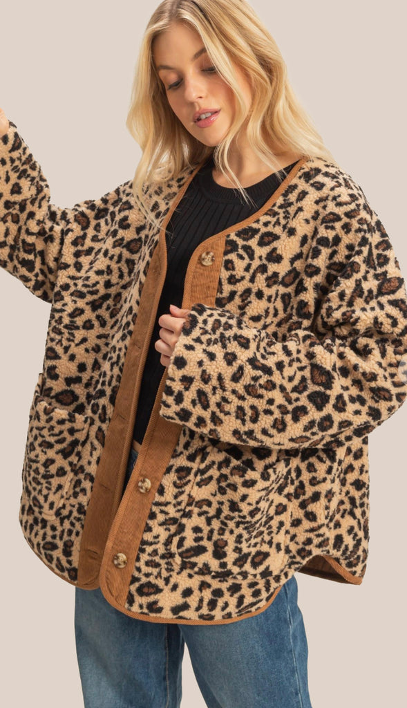 Hear Me Roar Leopard Sherpa Jacket- Taupe Combo