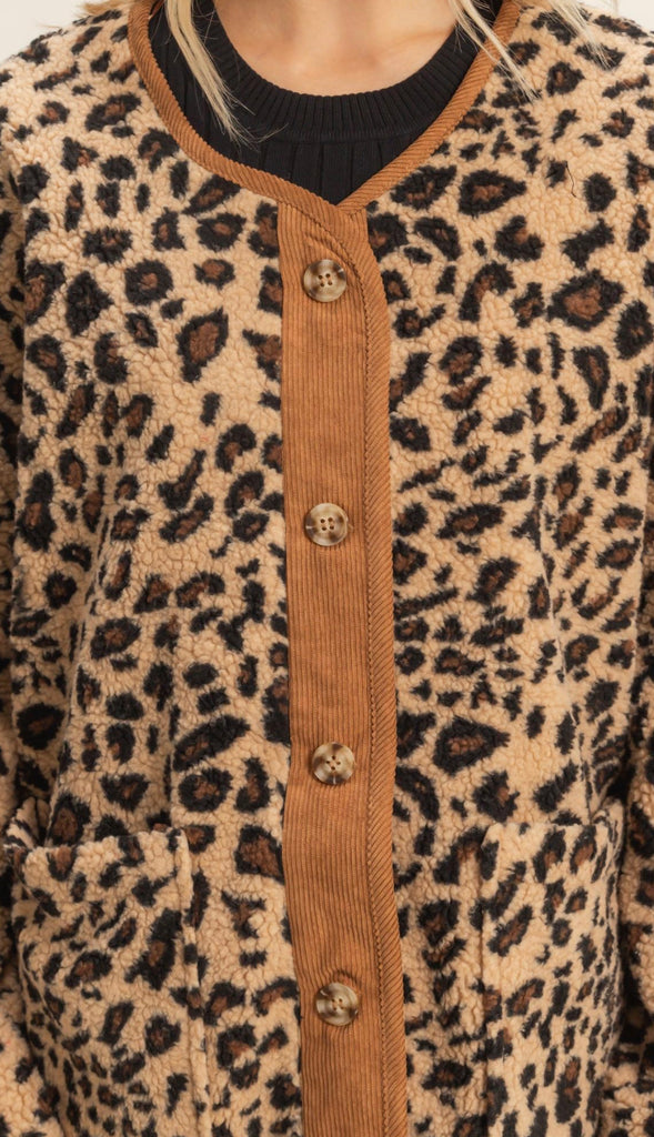 Hear Me Roar Leopard Sherpa Jacket- Taupe Combo