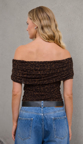 Lilith Off Shoulder Ruched Mesh Leopard Top- Brown
