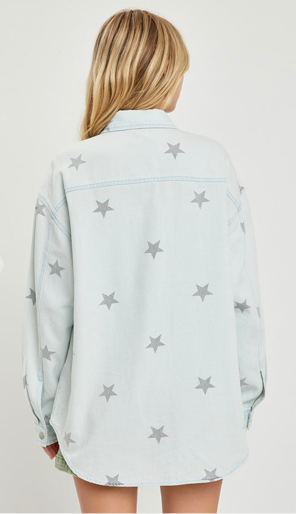 Star Of The Show Oversized Denim Shirt- Ice Blue
