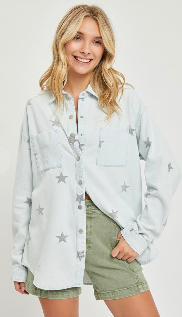 Star Of The Show Oversized Denim Shirt- Ice Blue
