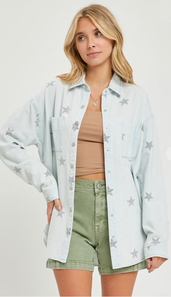 Star Of The Show Oversized Denim Shirt- Ice Blue
