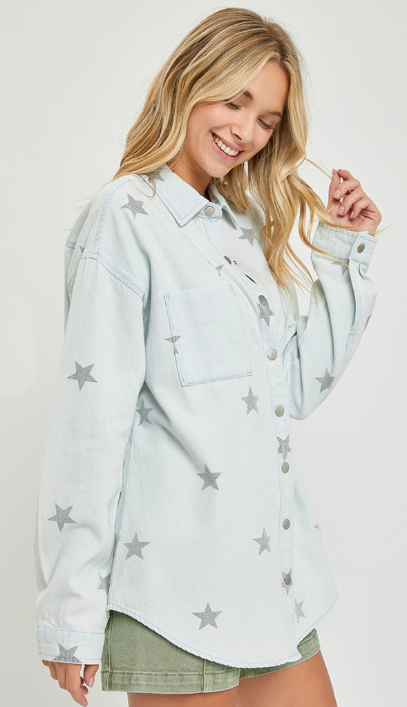 Star Of The Show Oversized Denim Shirt- Ice Blue