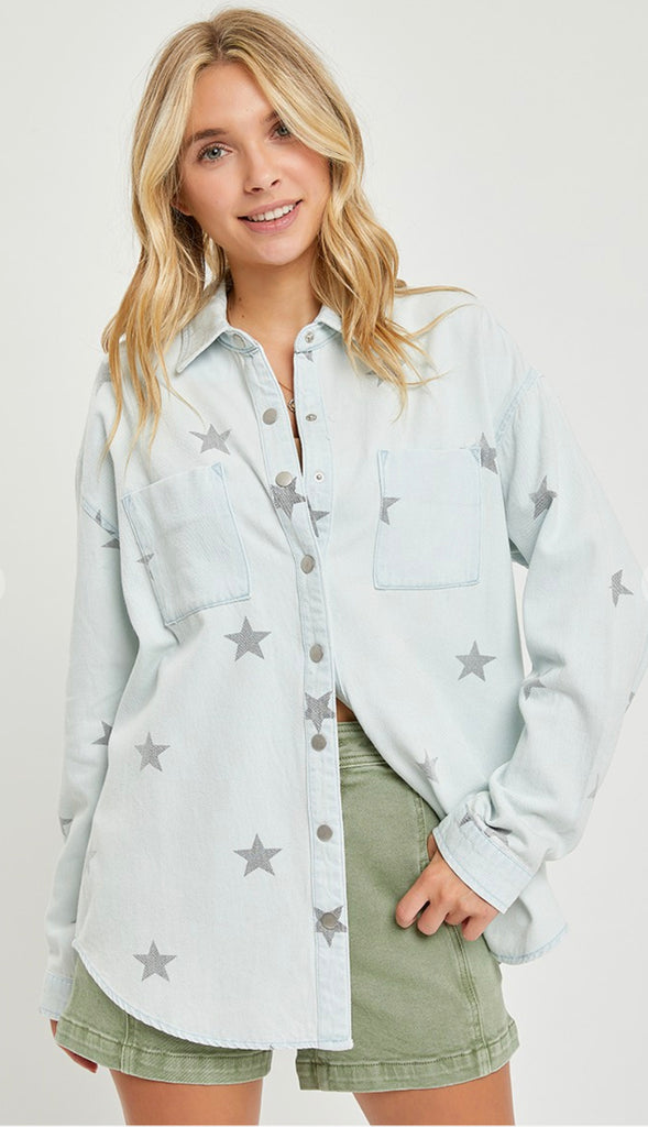 Star Of The Show Oversized Denim Shirt- Ice Blue