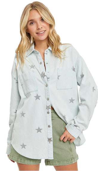 Star Of The Show Oversized Denim Shirt- Ice Blue