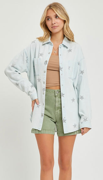 Star Of The Show Oversized Denim Shirt- Ice Blue