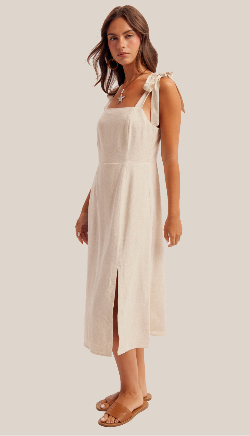 Lyla Linen Tie Strap Midi Dress- Cactus Green
