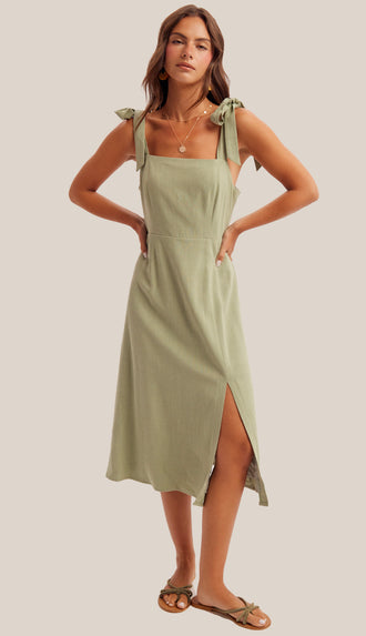Lyla Linen Tie Strap Midi Dress- Cactus Green