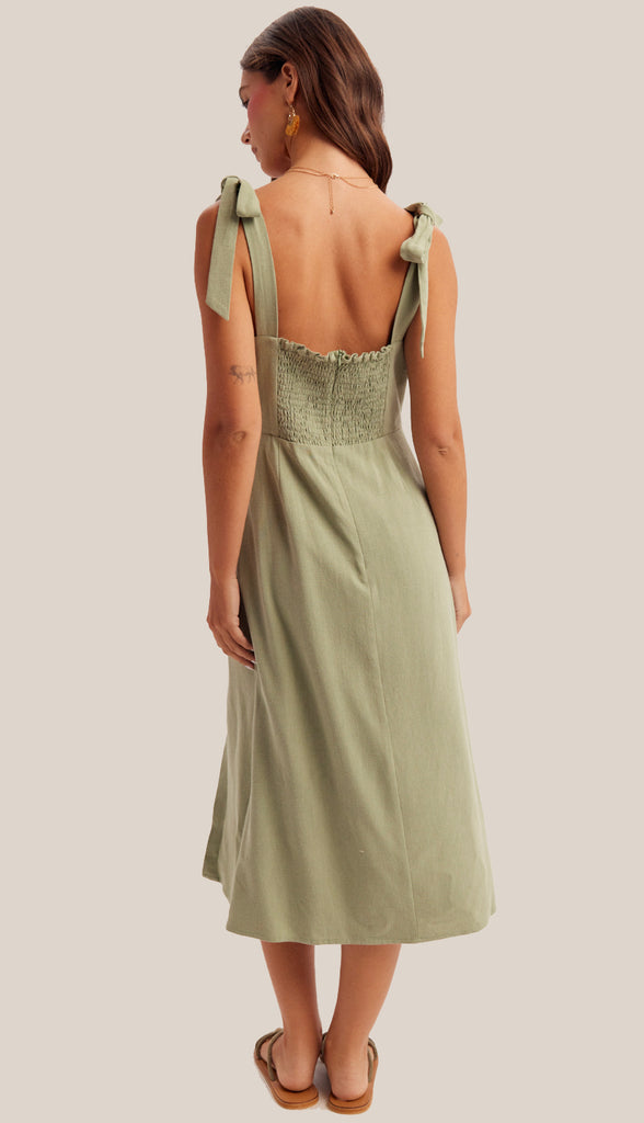 Lyla Linen Tie Strap Midi Dress- Oatmeal