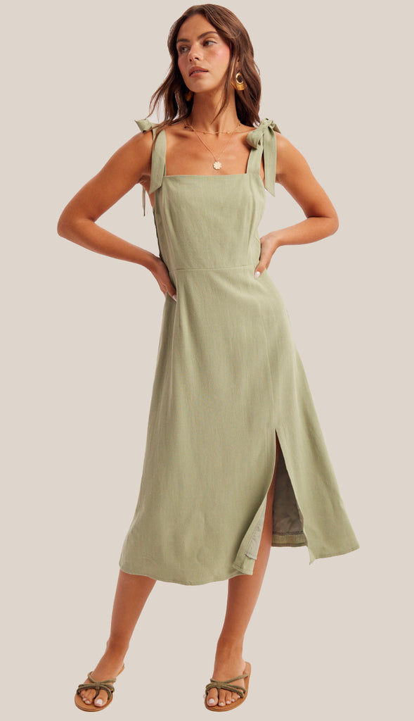 Lyla Linen Tie Strap Midi Dress- Oatmeal
