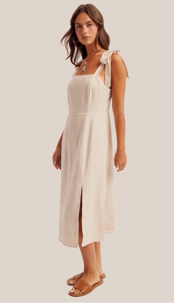Lyla Linen Tie Strap Midi Dress- Oatmeal