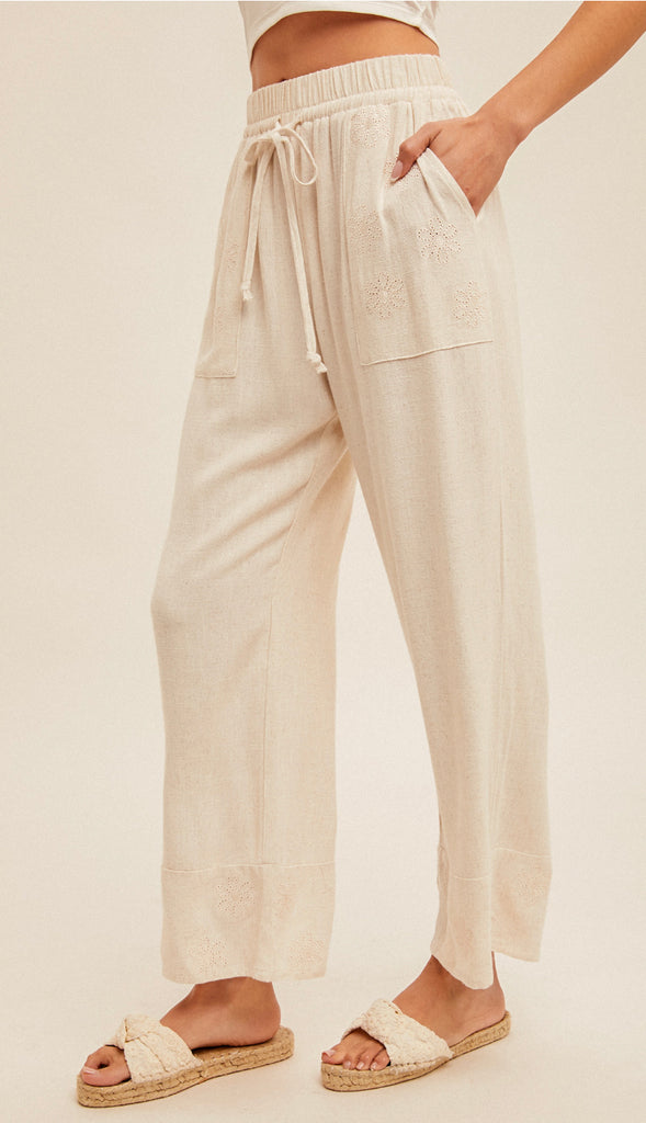 Eyelet Embroidery Linen Pants- Natural