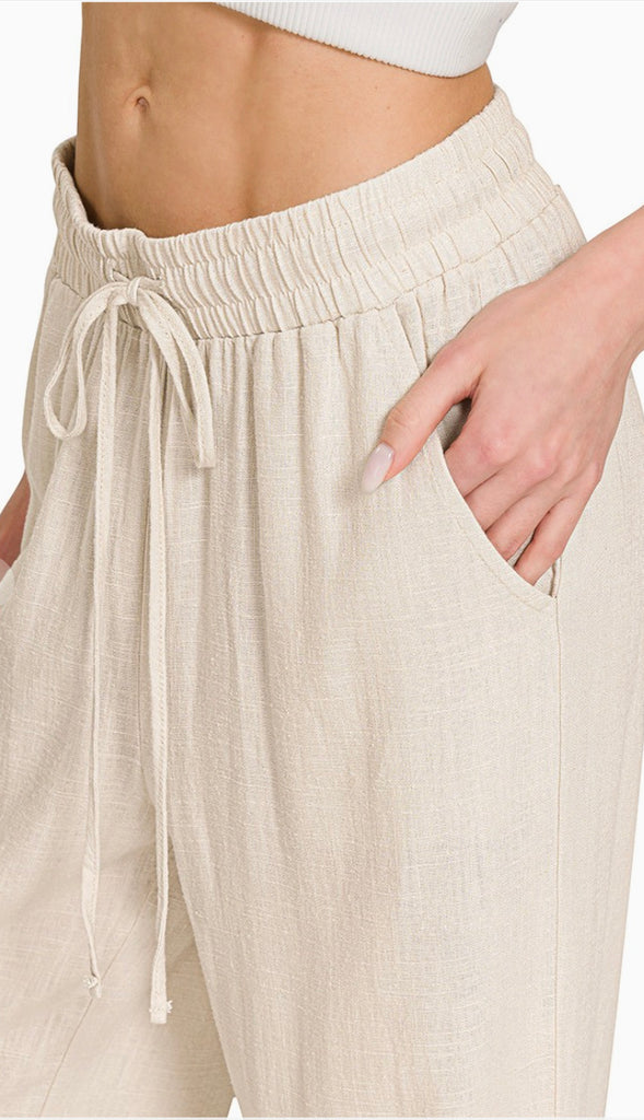 Linen Drawstring Pants- Sand Beige