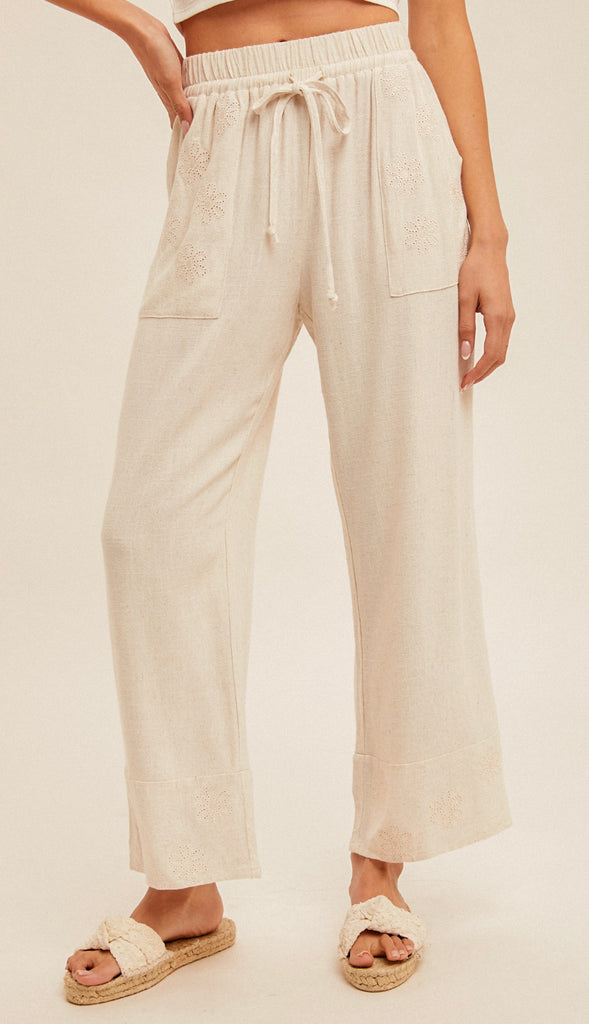 Eyelet Embroidery Linen Pants- Natural