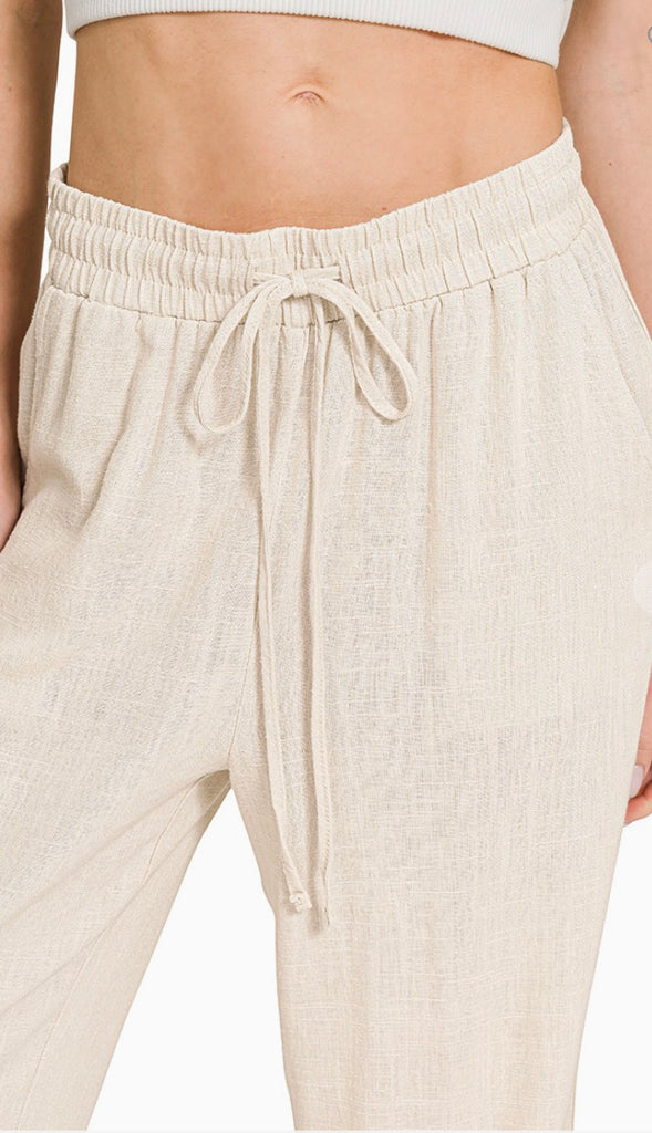 Linen Drawstring Pants- Sand Beige