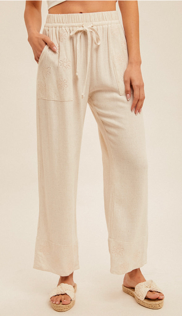 Eyelet Embroidery Linen Pants- Natural
