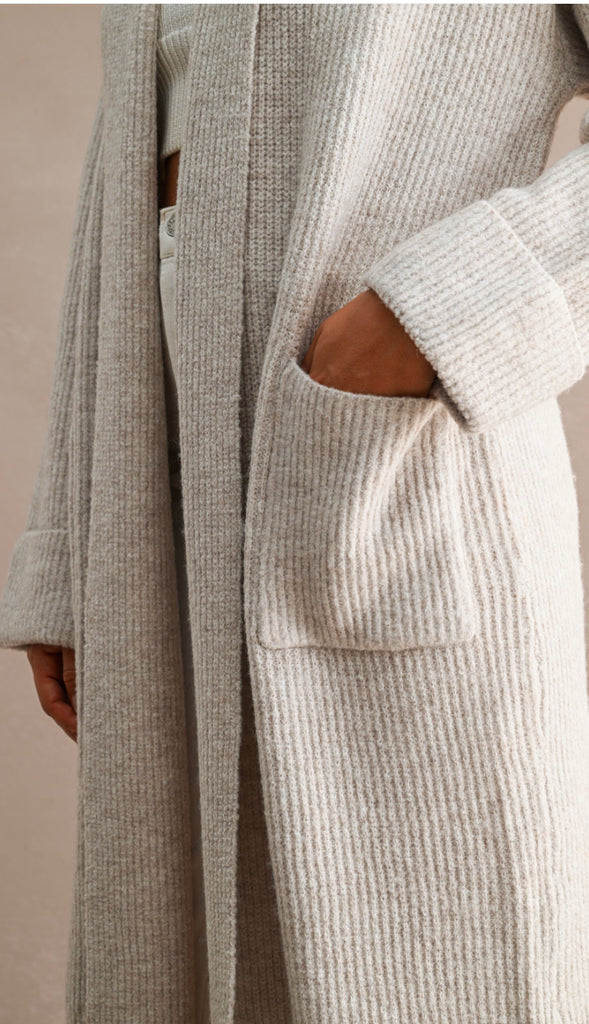 Feels Like Heaven Ribbed Maxi Cardigan- Lt Taupe