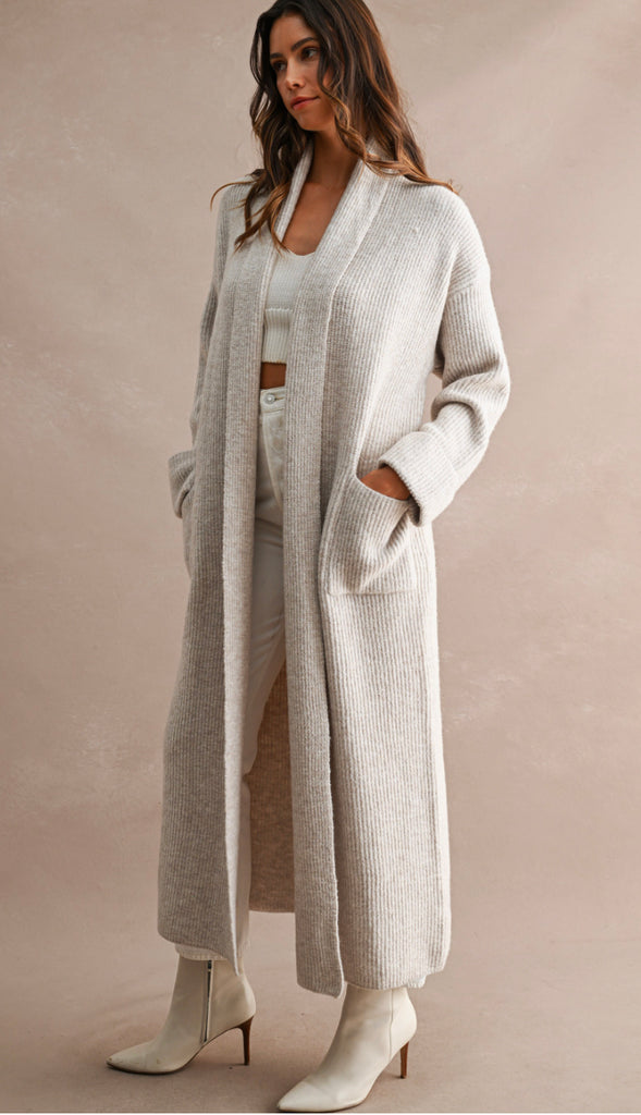 Feels Like Heaven Ribbed Maxi Cardigan- Lt Taupe