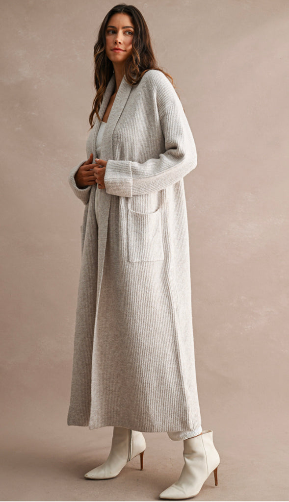 Feels Like Heaven Ribbed Maxi Cardigan- Lt Taupe