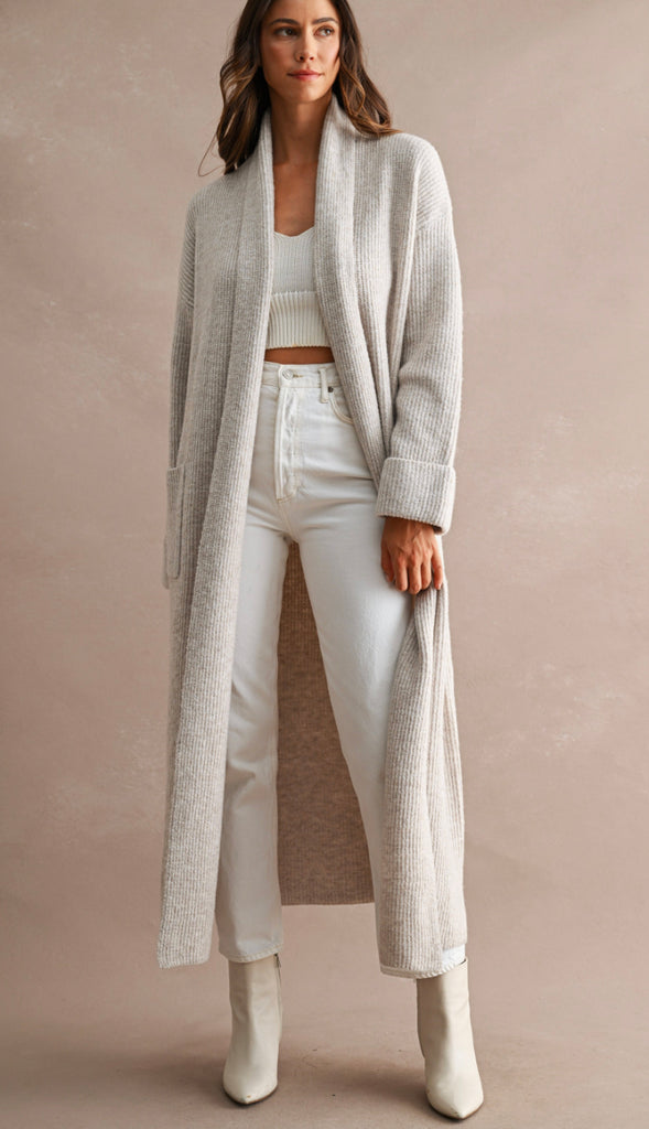 Feels Like Heaven Ribbed Maxi Cardigan- Lt Taupe