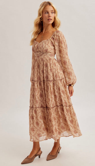Picture This Lurex Chiffon Floral Maxi Dress- Sand